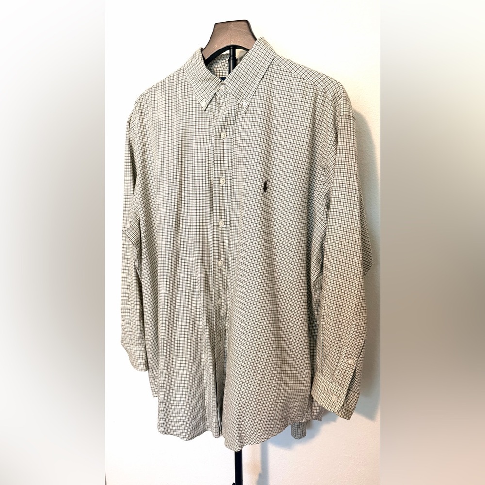Ralph Lauren Button-Down Dress Shirt in Cream and Black Micro-Check 100% Cotton